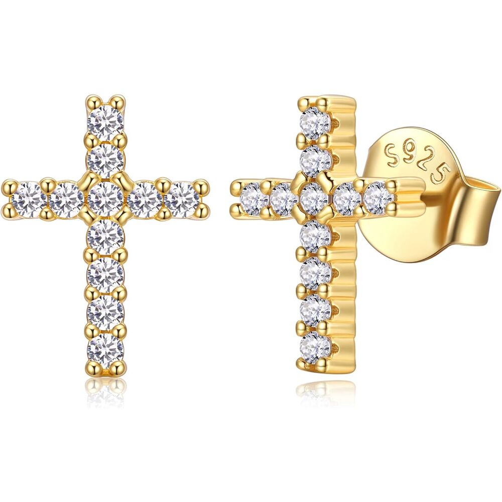 NWT JUST BEING CUTE Cross Stud Earrings 925 Sterling Silver 14K Gold Plated CZ